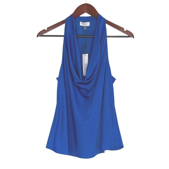 BCBG Satin Cowl Neck Halter Blouse Top in Olympian Blue - Picture 3 of 7
